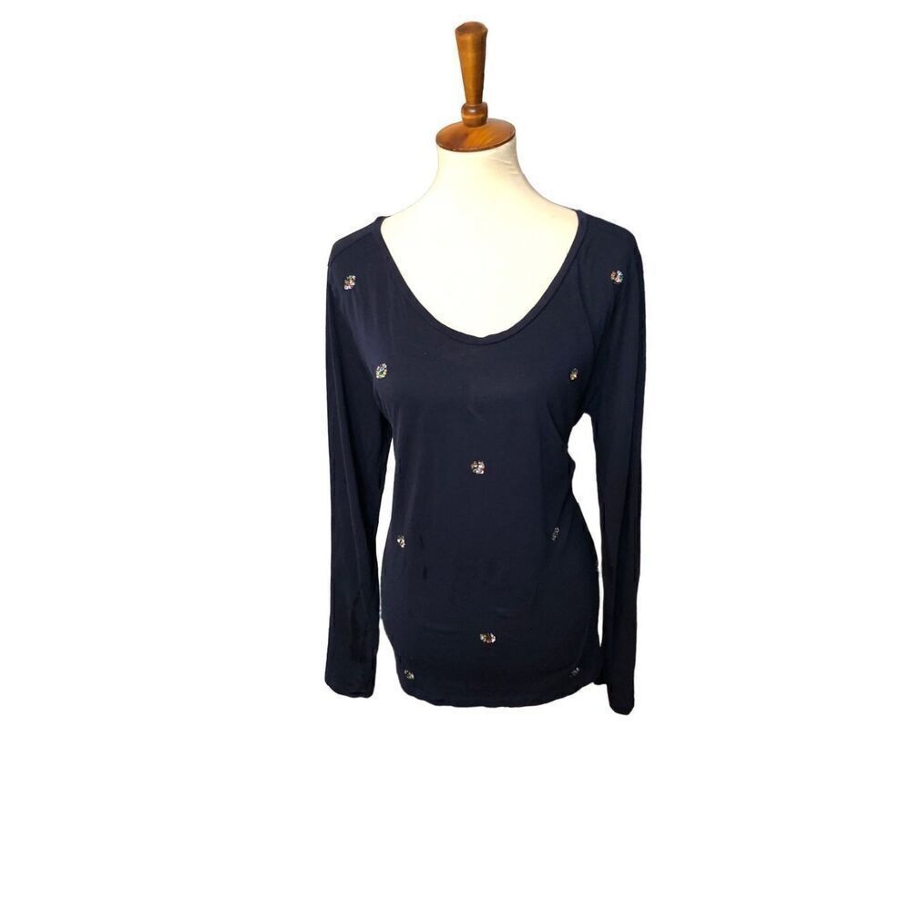 Loft Ann Taylor Top Navy Blue Sequin Long Sleeve Cotton Tee size XL